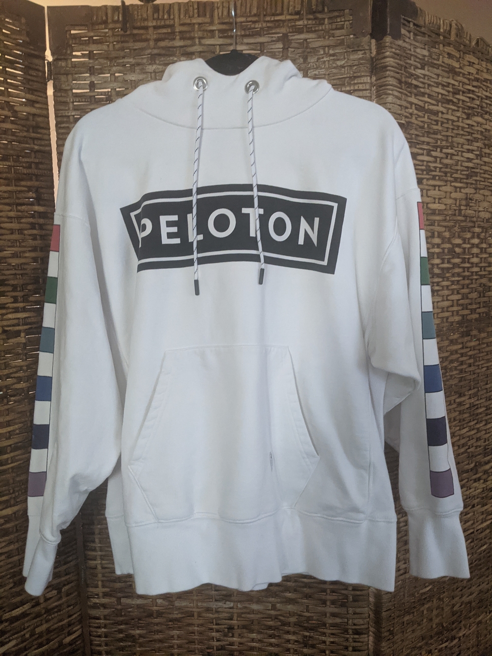 Peloton White Crewneck Sweatshirt with Multicolor Sleeve Stripes
